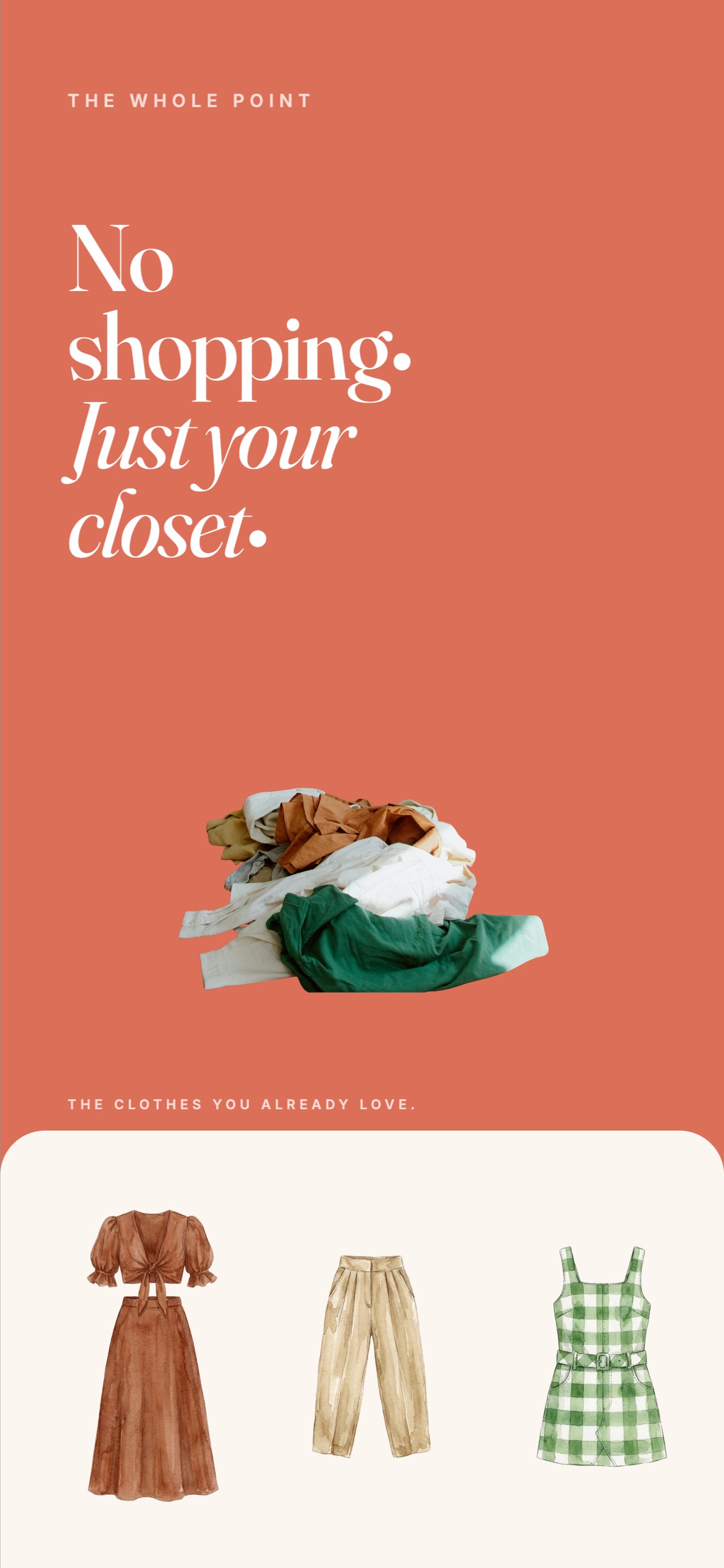 PutTogether App Store screenshot: No shopping. Just your closet. Illustrated stickers of a rust skirt set, cream trousers and a gingham dress.