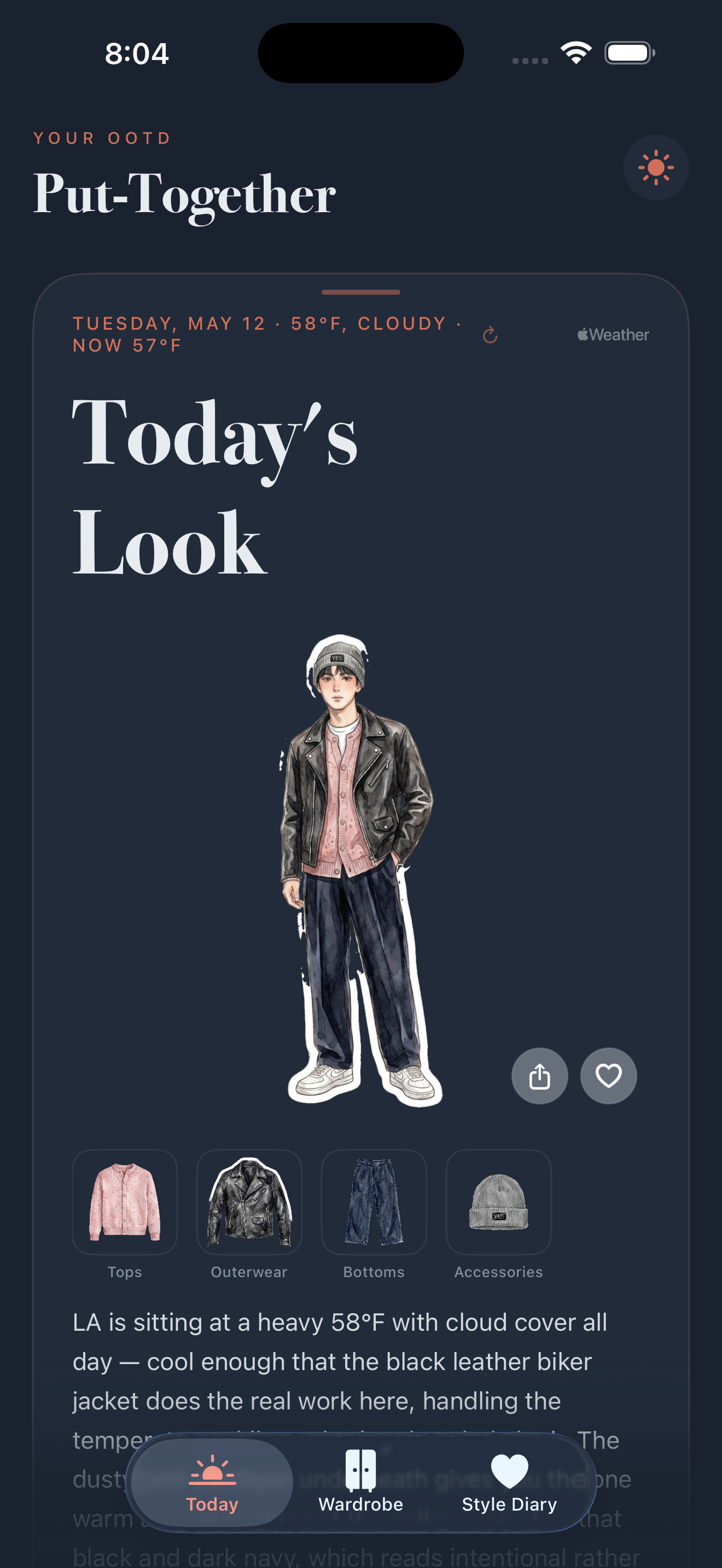 PutTogether iOS Today's Look screen from the editorial May 12, 2026 test run, showing the generated avatar, selected clothing pieces, and recommendation text.