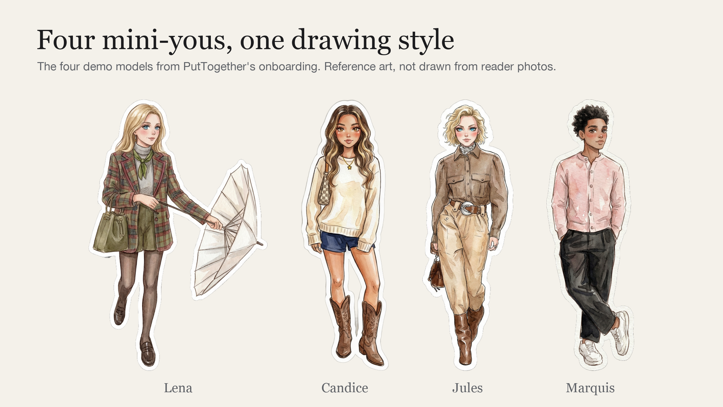 Four illustrated PutTogether demo mini-yous standing in a row: Lena in a plaid blazer holding an umbrella, Candice in a cream sweater and cowboy boots, Jules in a brown utility shirt and belted trousers, and Marquis in a pink cardigan and black trousers.