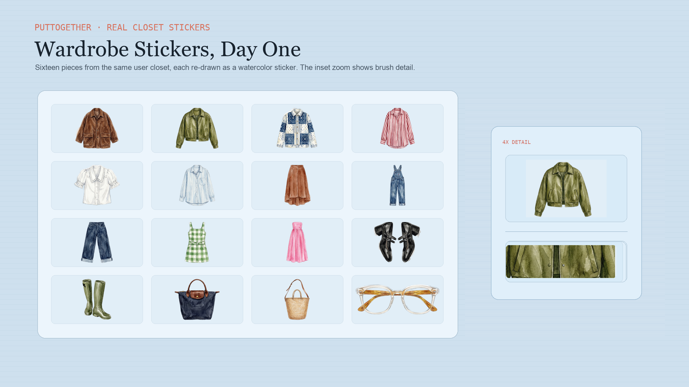 PutTogether wardrobe view showing the user's closet where every garment has been re-rendered as a hand-painted watercolor sticker in a soft grid, with an inset showing one sticker zoomed in at full editorial detail.