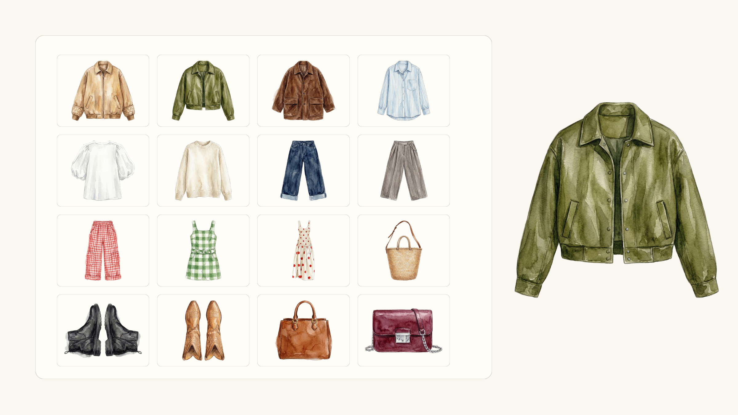 Editorial composite of PutTogether watercolor wardrobe stickers: a grid of outerwear, tops, bottoms, dresses, shoes, and bags from one 25-piece wardrobe, with one olive jacket enlarged to show brush detail.
