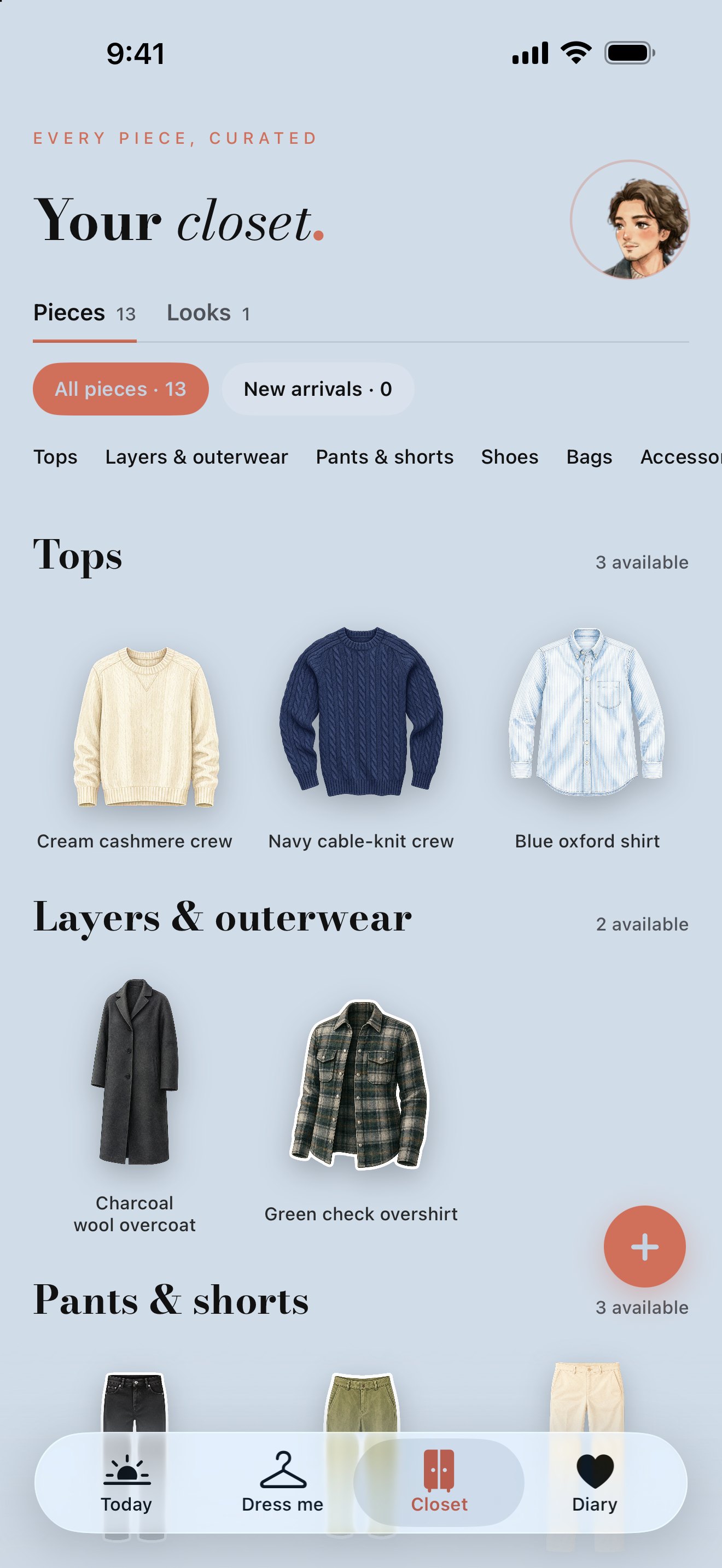 PutTogether Closet, Pieces tab with 13 pieces: tops (cream cashmere crew, navy cable-knit crew, blue oxford shirt), layers and outerwear (charcoal wool overcoat, green check overshirt) and pants below, each drawn as a watercolor sticker, with the mini-you's face in the header.