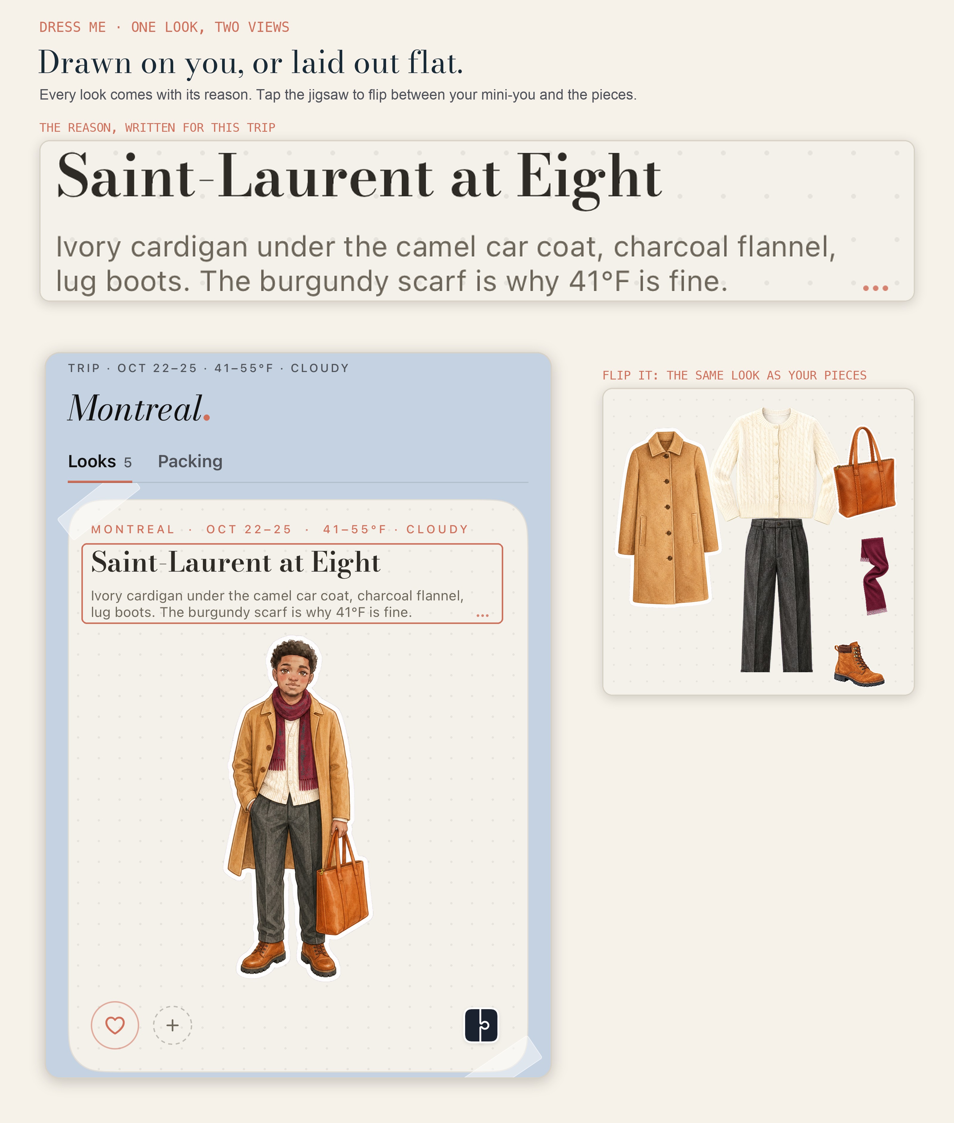 One PutTogether Dress me look for Montreal titled Saint-Laurent at Eight: a masculine illustrated mini-you in a camel car coat, ivory cardigan, burgundy scarf, charcoal flannel trousers and lug boots, and beside it the same look laid out as garment stickers. A magnified band reads: Ivory cardigan under the camel car coat, charcoal flannel, lug boots. The burgundy scarf is why 41°F is fine.