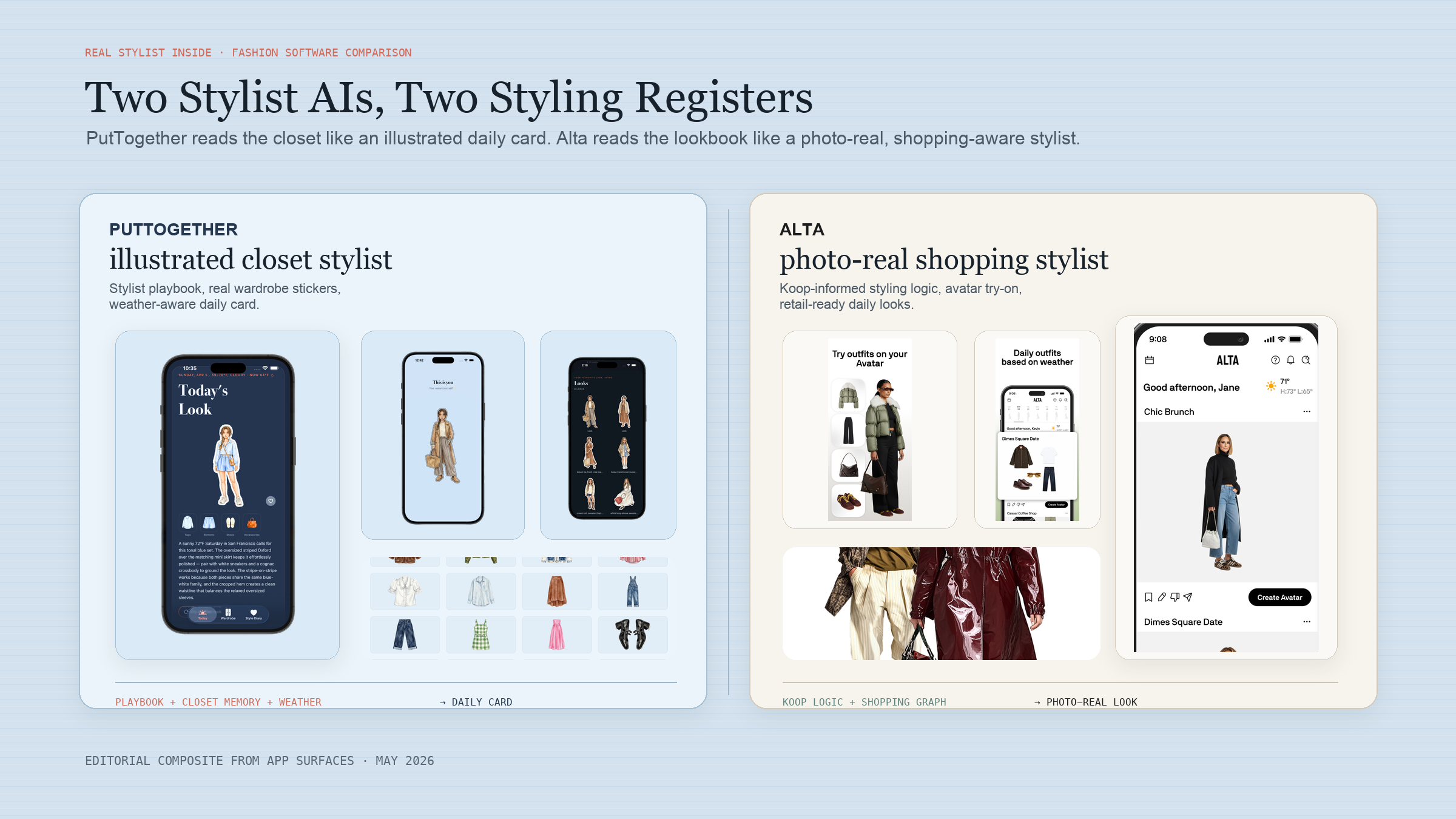 Editorial fashion comparison board showing PutTogether's illustrated daily-card system beside Alta's photo-real, shopping-aware styling system, with real app surfaces for each product.
