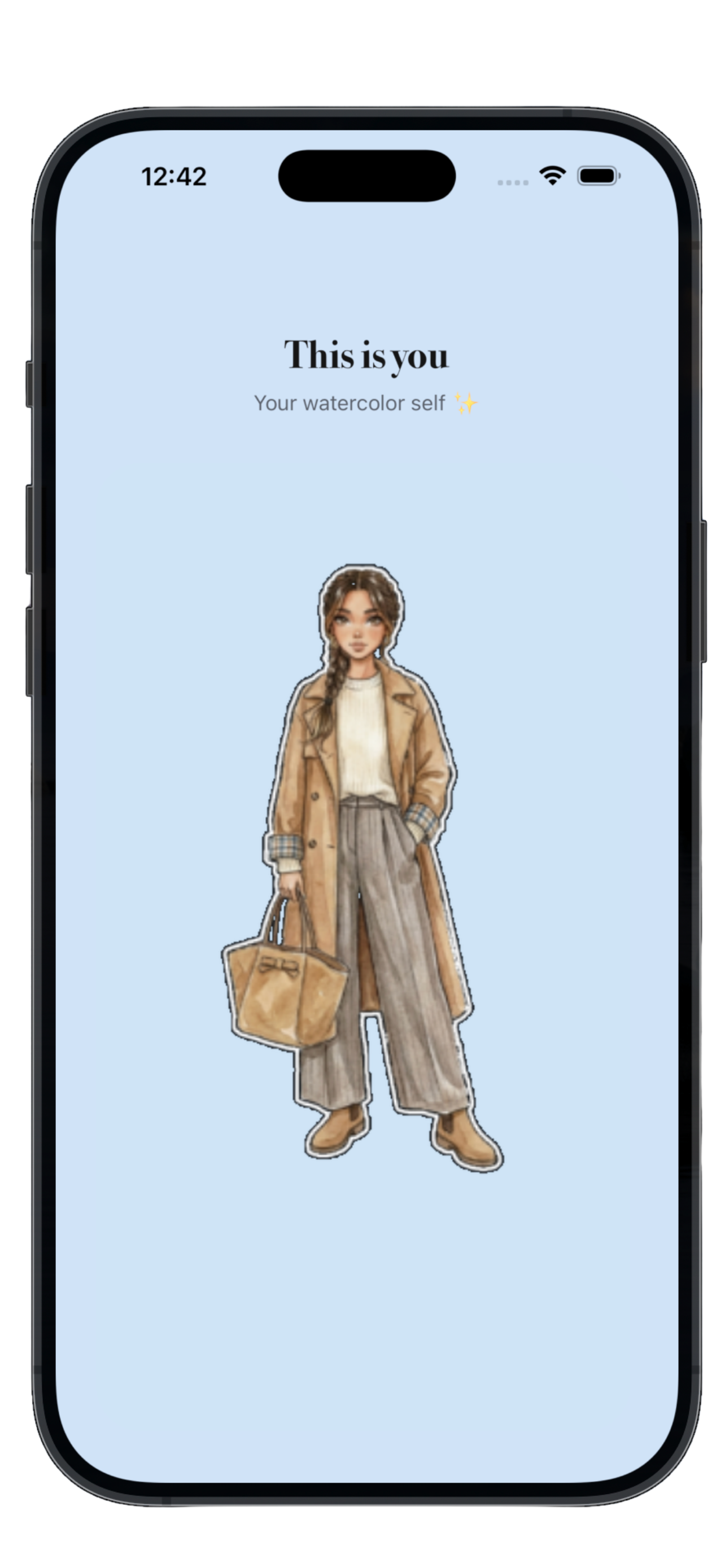 PutTogether's 'This is you' onboarding screen showing the same user as a full-body watercolor avatar in a different saved look.